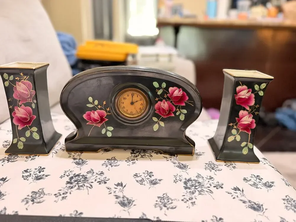 Vintage Winterton Ware Mantel Garniture 3pc Black Pink Rose Hand Painted England